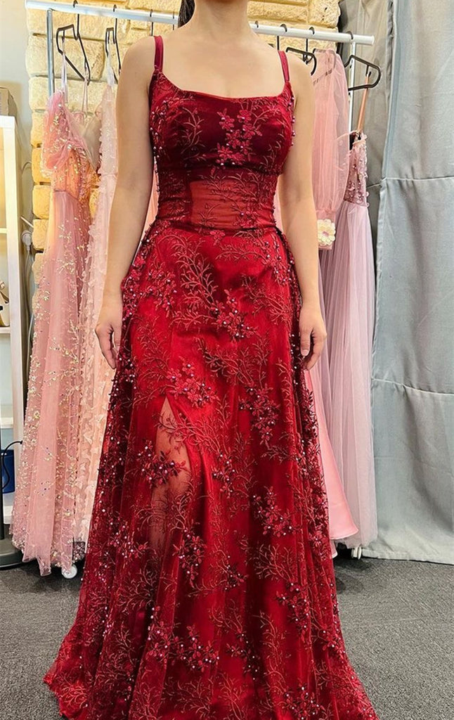 Wine Red Straps A-line Long Prom Dress Party Dress, Wine Red Satin Evening Dress main image 1