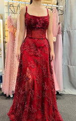 Wine Red Lace Scoop Straps A-line Prom Dress, Wine Red Evening Dress