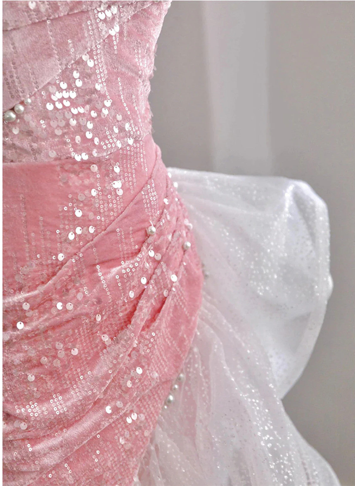 Lovely Pink Sequins Velvet High Low Prom Dress, Pink Mermaid Off the Shoulder Party Dress