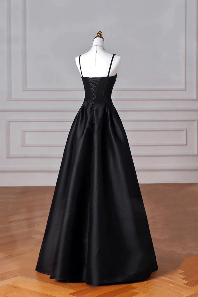 A-line Satin Black Long Party Dress, Black Sweetheart Straps Prom Dres