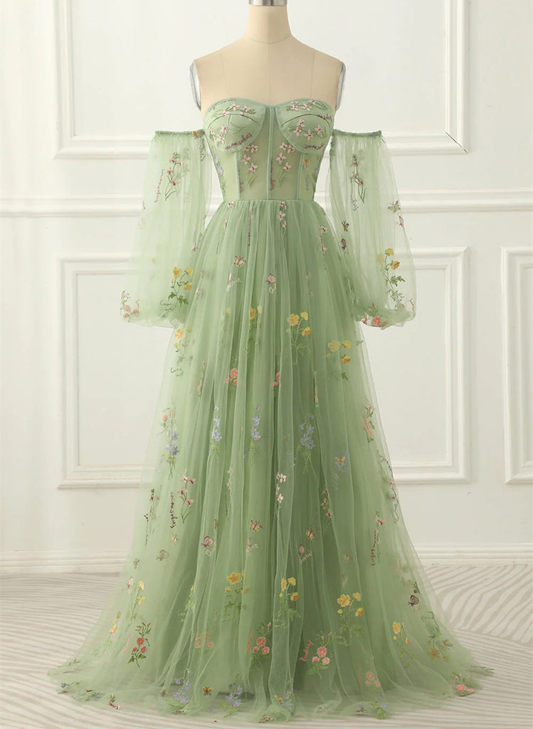 Light Green Tulle Floral Sleeves Long Party Dress, A-line Light Green