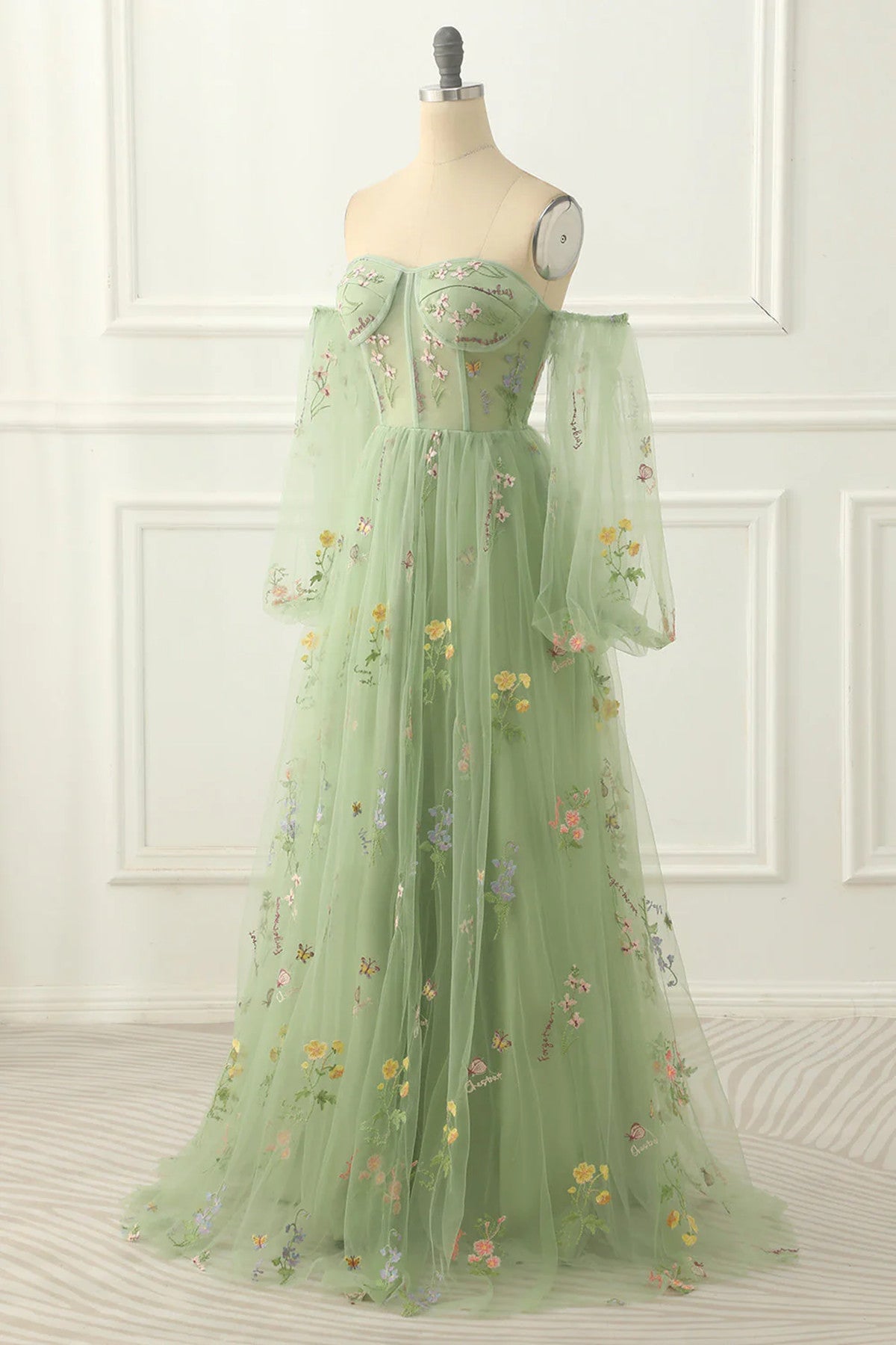 light green floral prom dress Light Green Floral Prom Dress with 3D Flower and V-Neck 22272 Custom Colors / US6