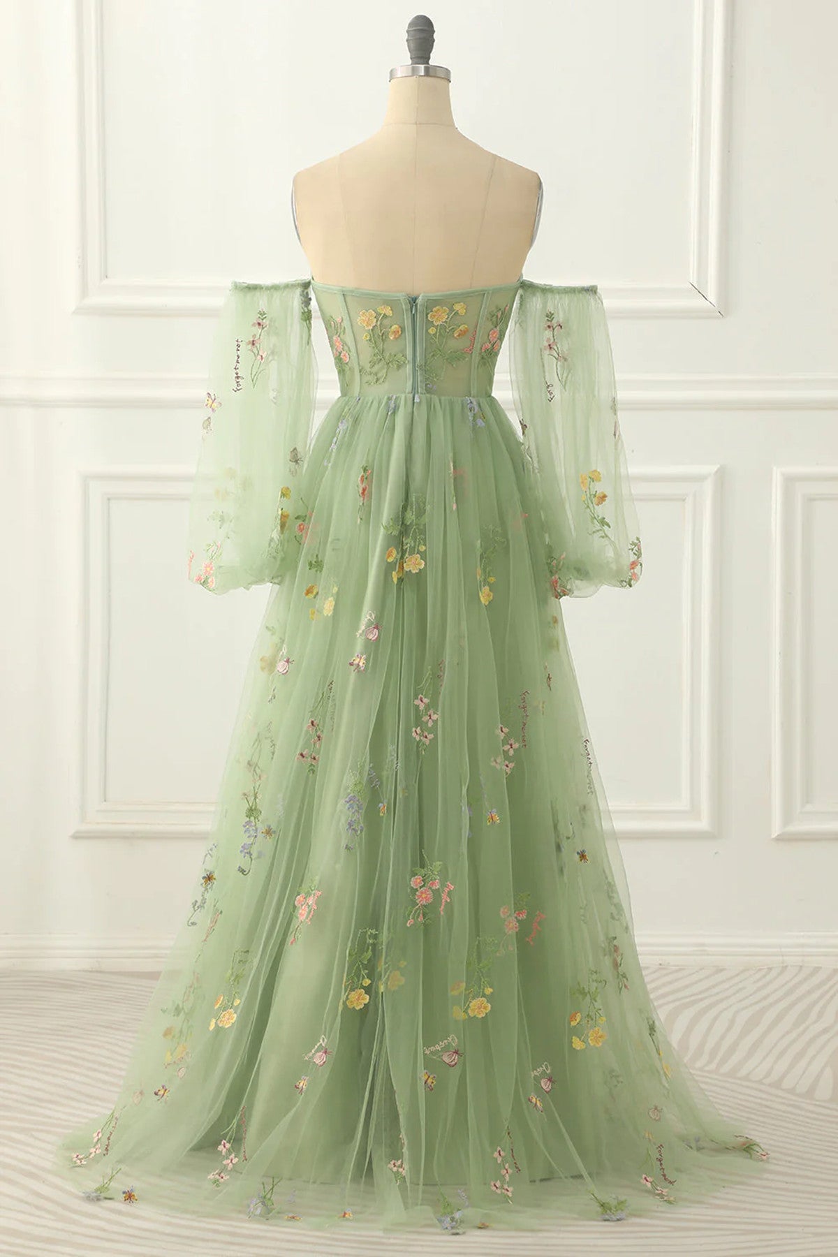 Light Green Tulle Floral Sleeves Long Party Dress, A-line Light Green Cutedressy Light Green Tulle Floral Sleeves Long Party Dress, A-line Light Green Cutedressy