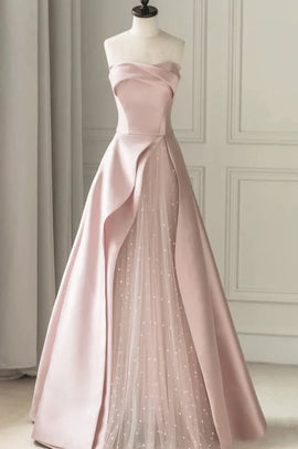 Pink Satin and Tulle Long Party Dress, A-line Pink Prom Dress