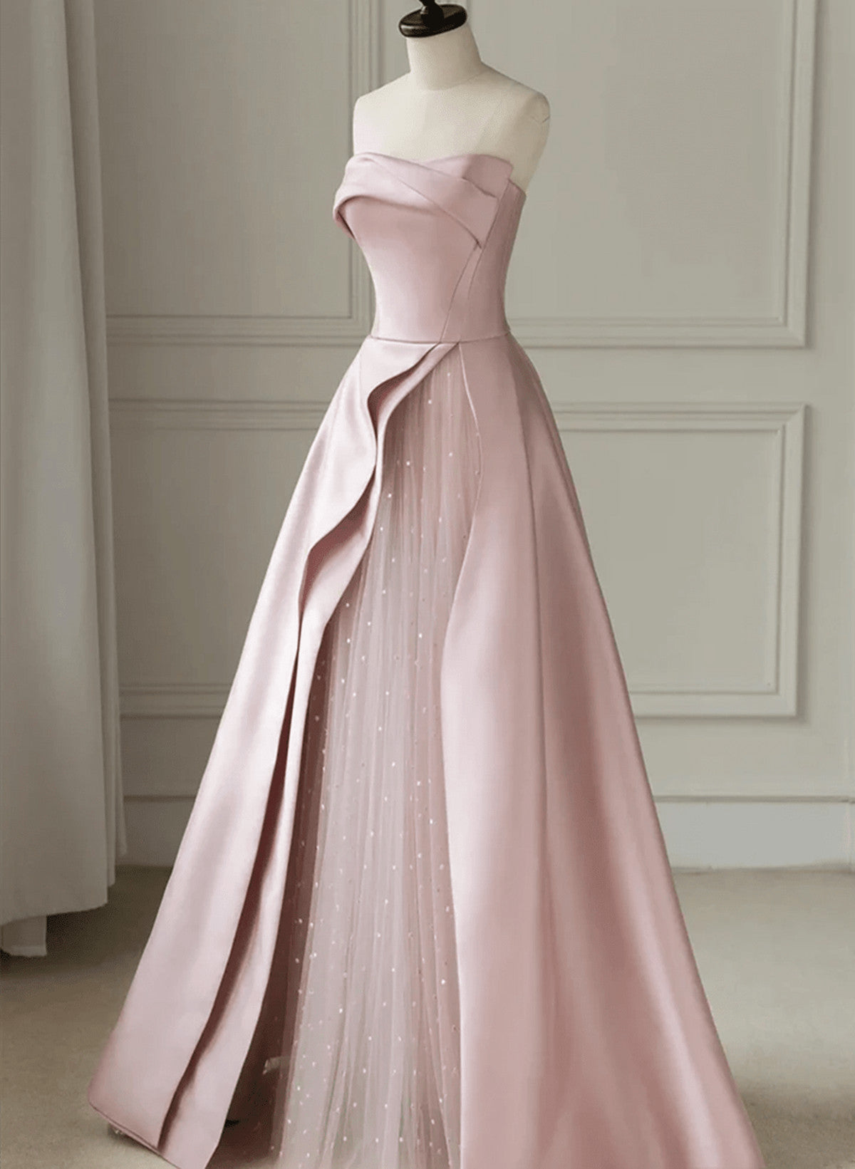 Pink Satin and Tulle Long Party Dress, A-line Pink Prom Dress