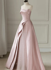 Pink Satin and Tulle Long Party Dress, A-line Pink Prom Dress