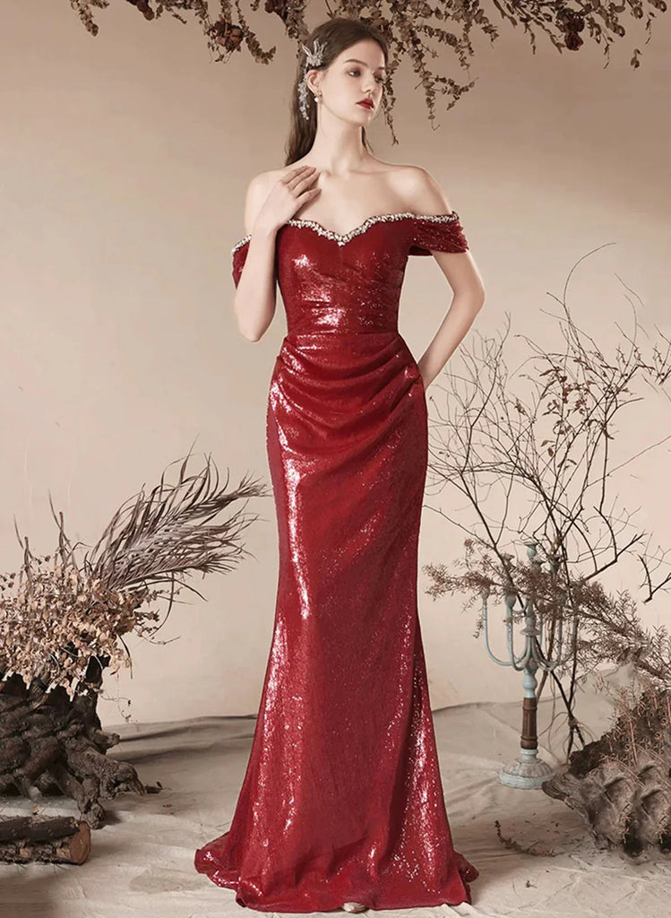 Sweetheart Mermaid Prom Dress Red Sequins Evening Dress Shiny Party Dress Y274 main image 0