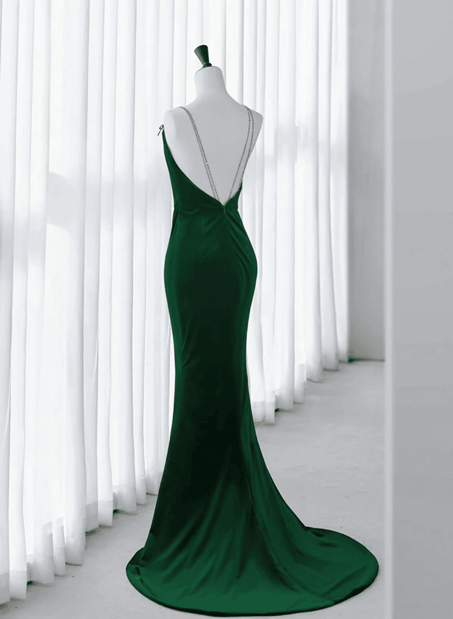 Mermaid Green Straps Backless Long Velvet Prom Dress, Green Party Dres Cutedressy Mermaid Green Straps Backless Long Velvet Prom Dress, Green Party Dres Cutedressy