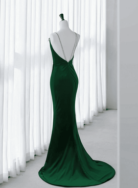 Mermaid Green Straps Backless Long Velvet Prom Dress, Green Party Dress