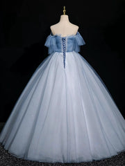 A-line Blue Tulle Off Shoulder Beaded Sweetheart Party Dress, Blue Tulle Long Prom Dress