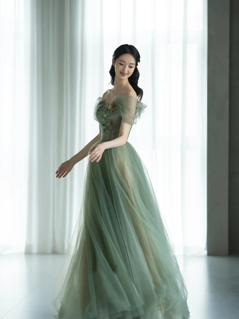 Off-the-shoulder Ruched Tulle A-line Dress Green main image 1