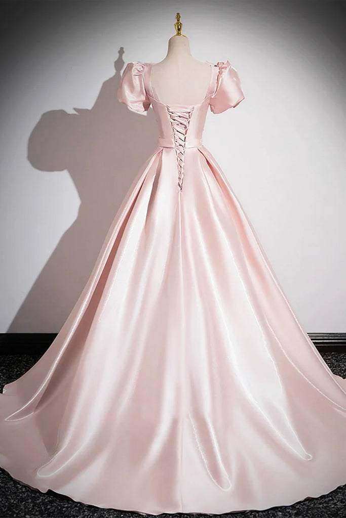 Asymmetrical Short Sleeve Pleated A-line Satin Dress Candy Pink