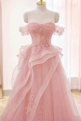 Pink Lovely Off Shoulder Floor Length Prom Dress, Sweetheart Tulle with Lace Long Formal Dress