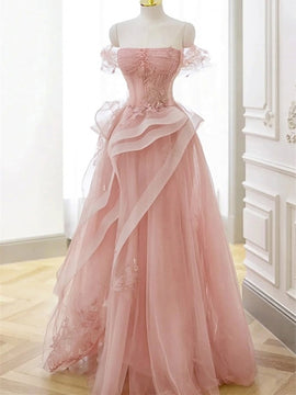 Pink Lovely Off Shoulder Floor Length Prom Dress, Sweetheart Tulle with Lace Long Formal Dress
