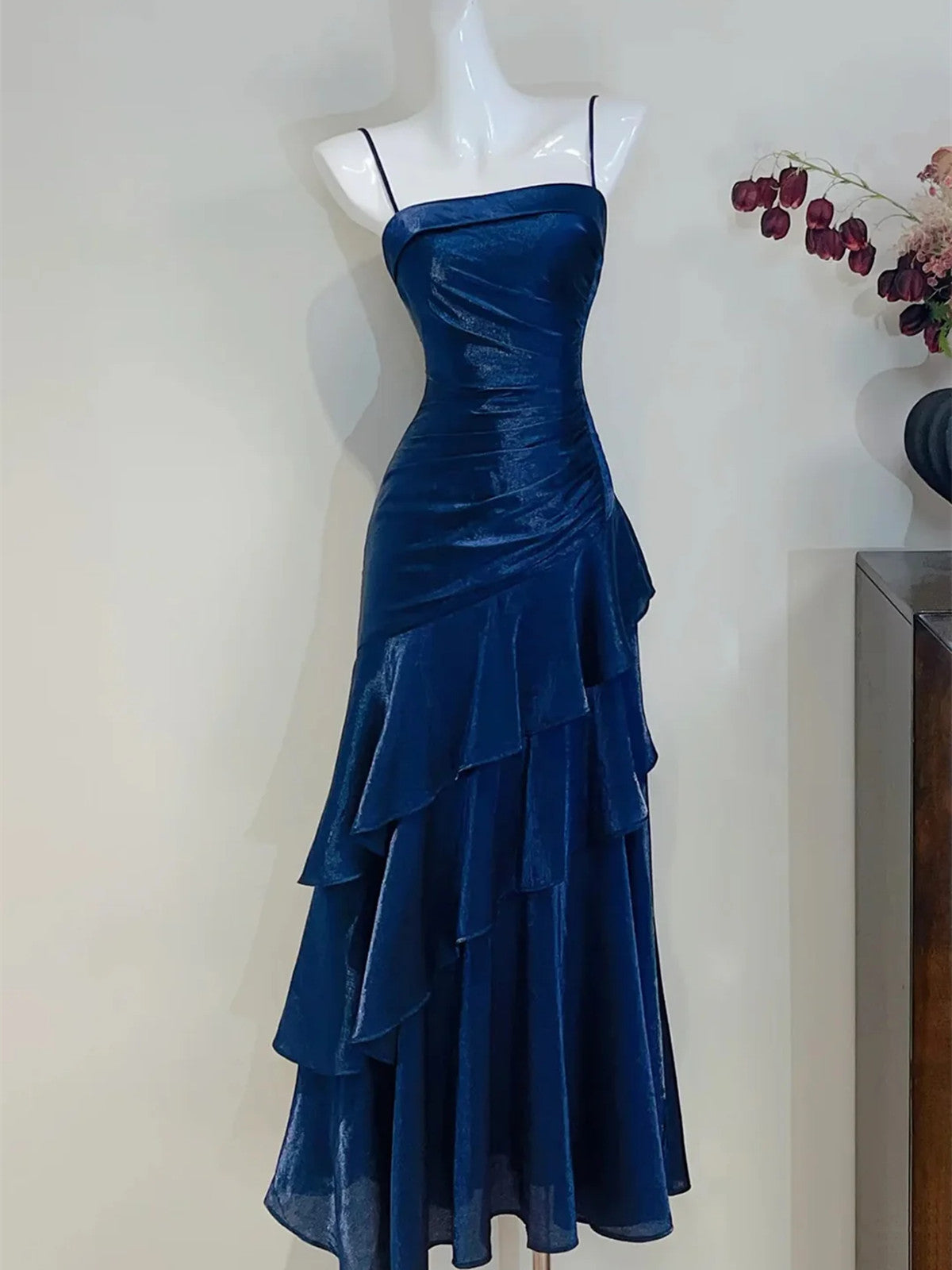 Navy Blue Straps Layers Long Formal Dress, Navy Blue Satin Straps Party Dress
