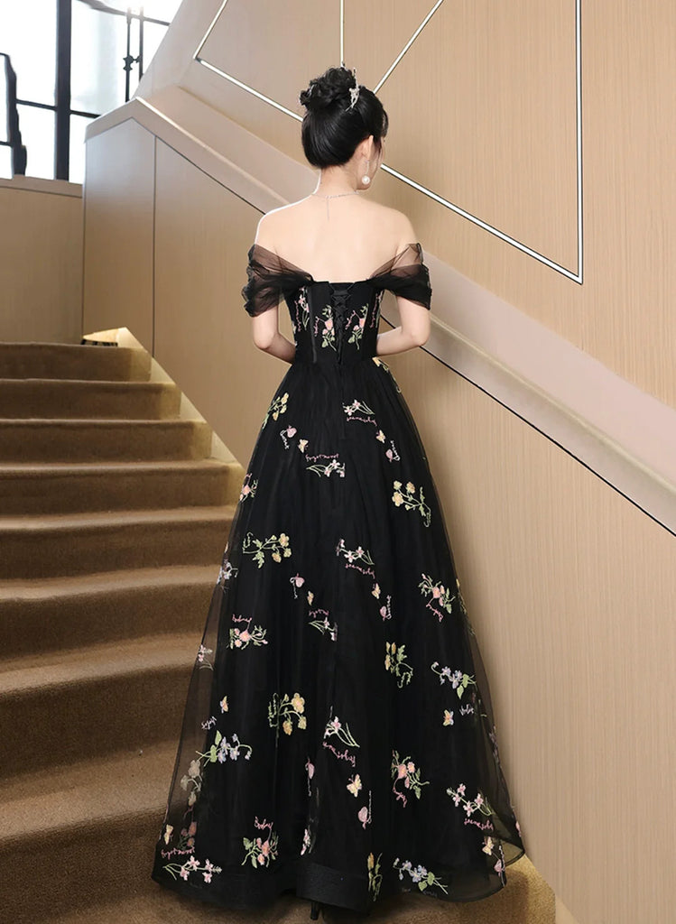 Black Off Shoulder Sweetheart Tulle Prom Dress, Black Tulle A-Line Party Dress main image 1