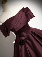 Off Shoulder Maroon Satin Long Party Dress, Maroon Prom Dress