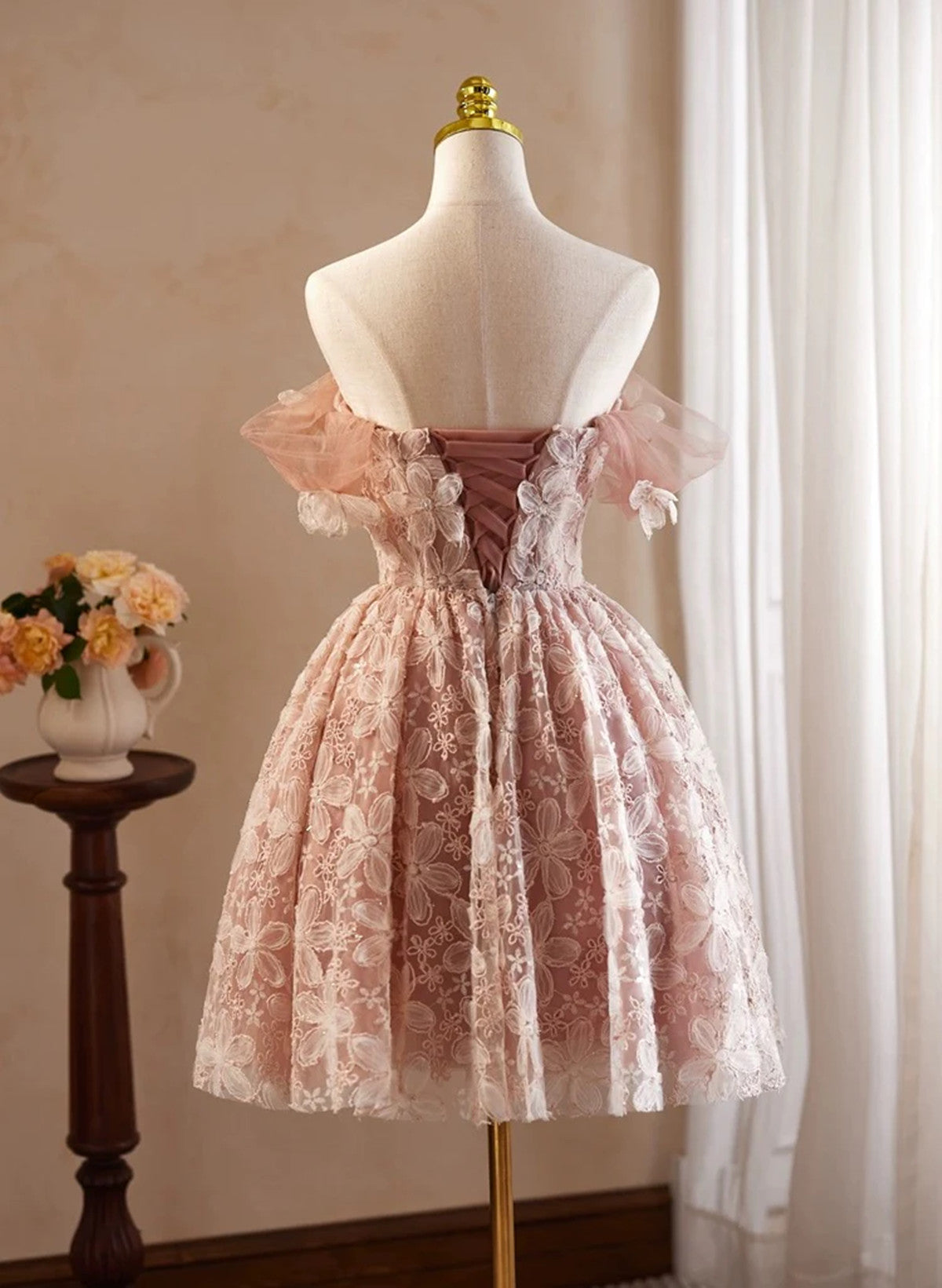 Cute Lace Off Shoulder Knee Length Homecoming Dress, Sweetheart Short Cutedressy Cute Lace Off Shoulder Knee Length Homecoming Dress, Sweetheart Short Cutedressy