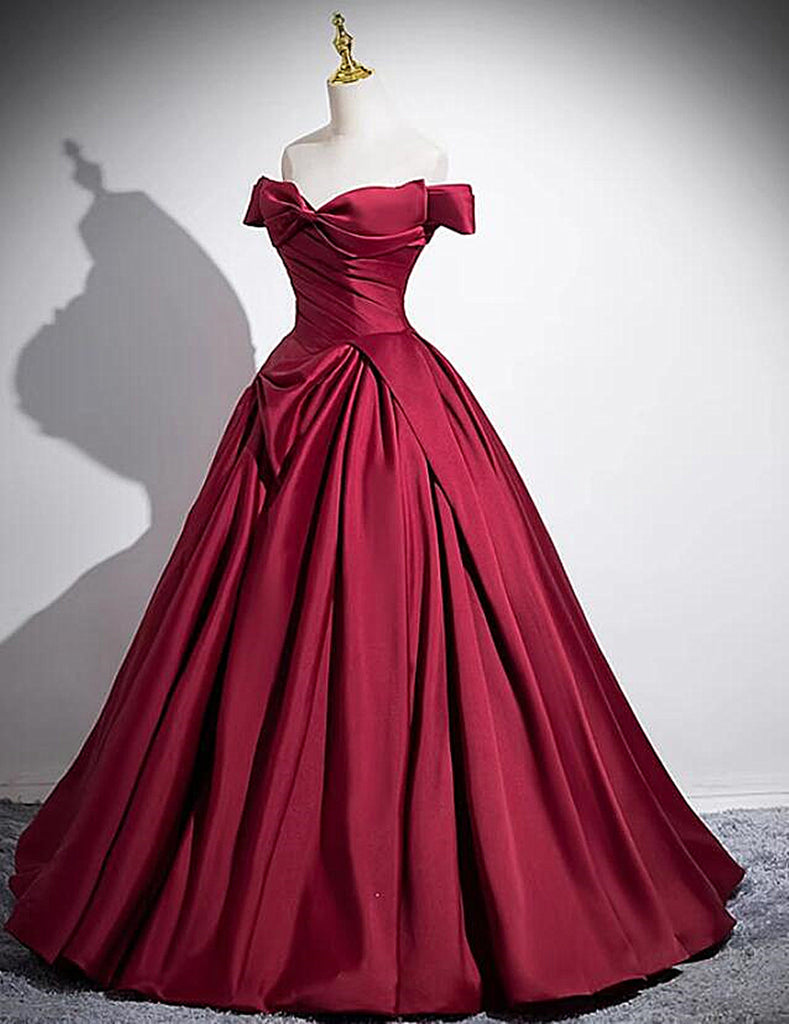 Wine Red Satin Off Shoulder Floor Length Party Dress, Wine Red Evening
