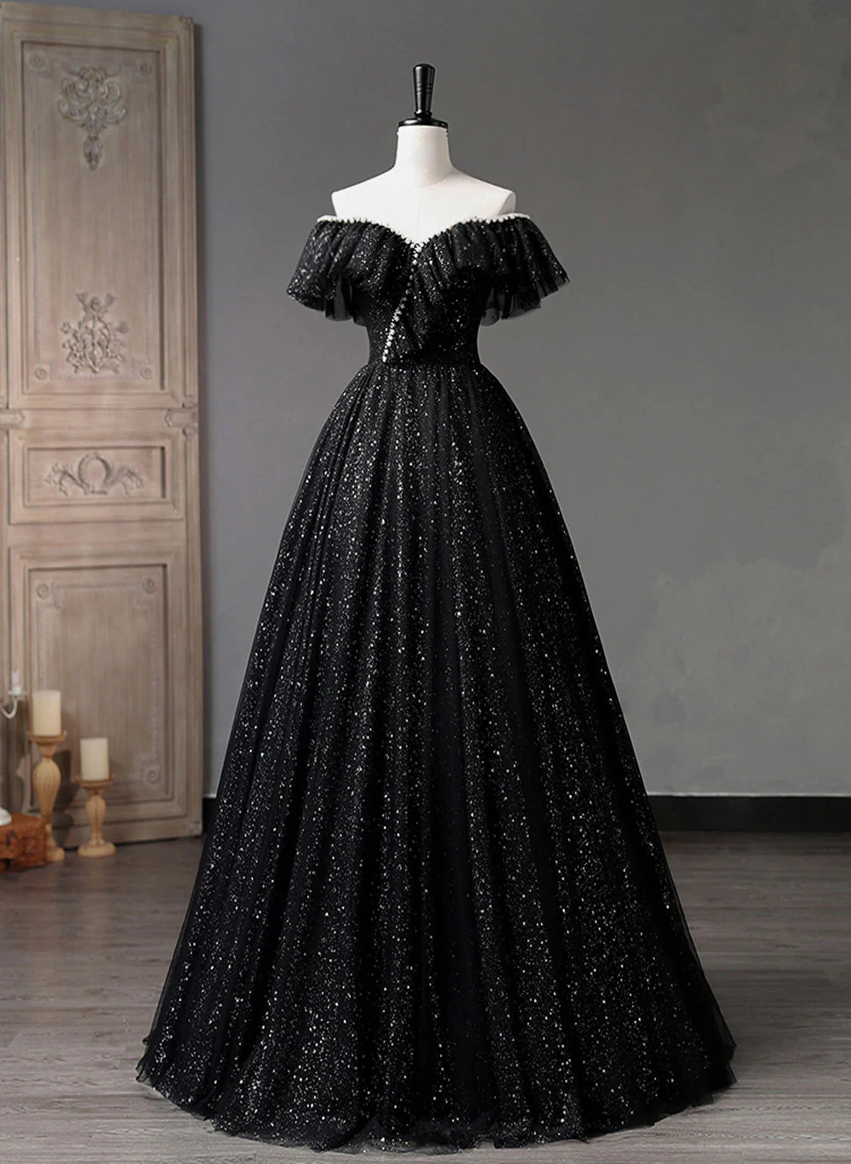 Black Tulle Beaded Long Formal Gown, Black Tulle A-line Prom Dress Cutedressy Black Tulle Beaded Long Formal Gown, Black Tulle A-line Prom Dress Cutedressy