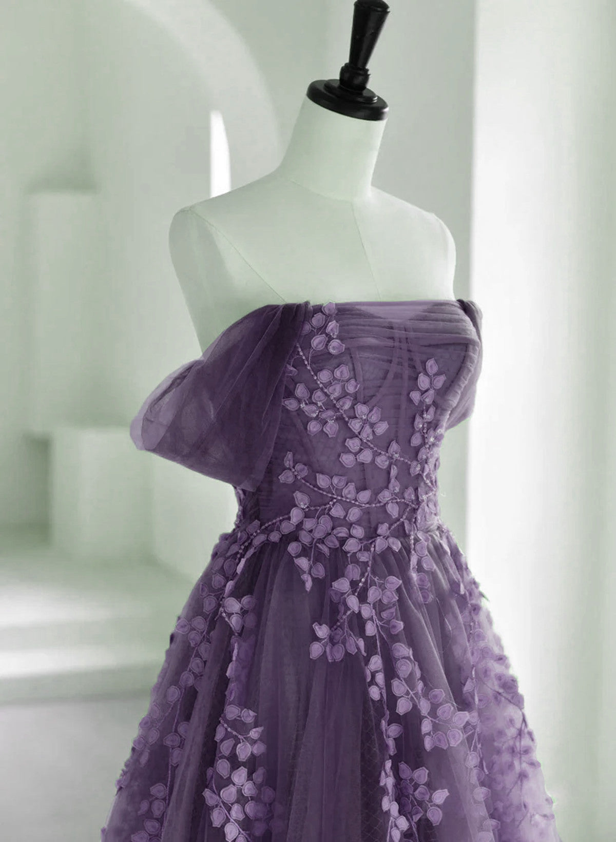 Purple A-line Tulle with Lace Long Formal Dress, Purple Prom Dress Evening Dress