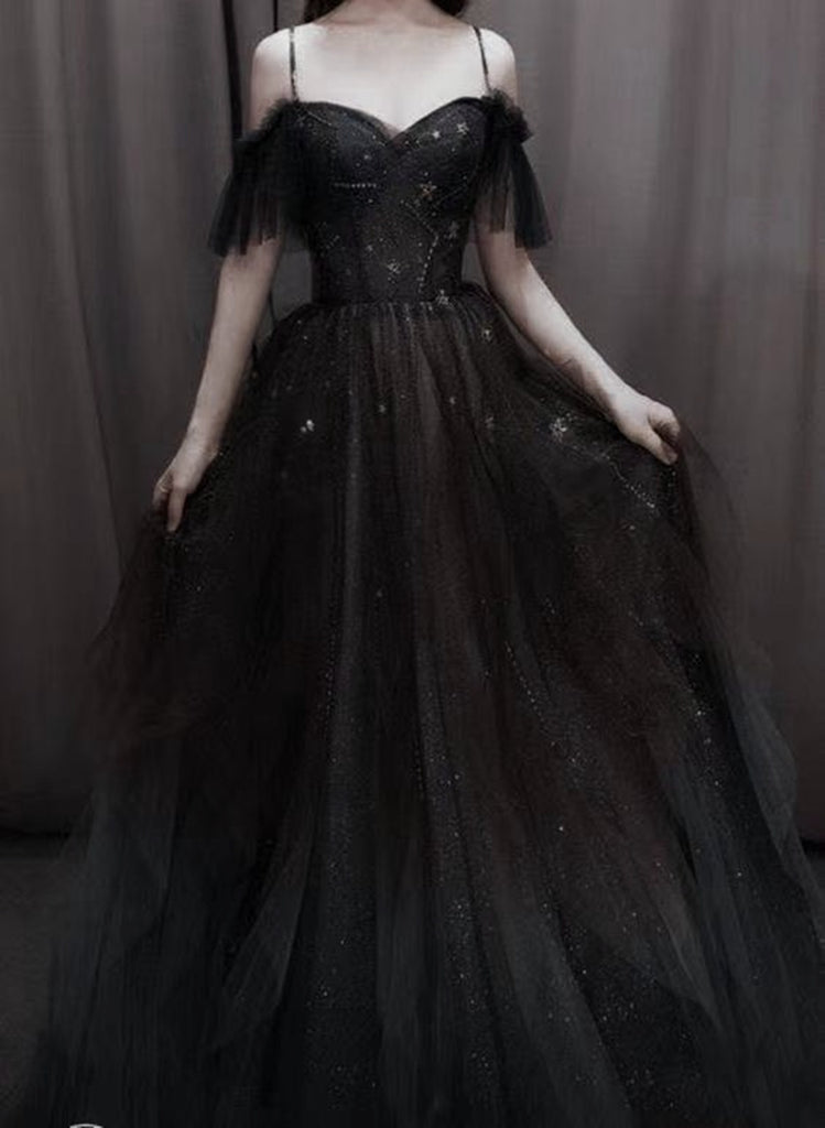 Beaira Black Satin and Tulle Straps Beaded Long Party Dress A-line Black Prom Dress