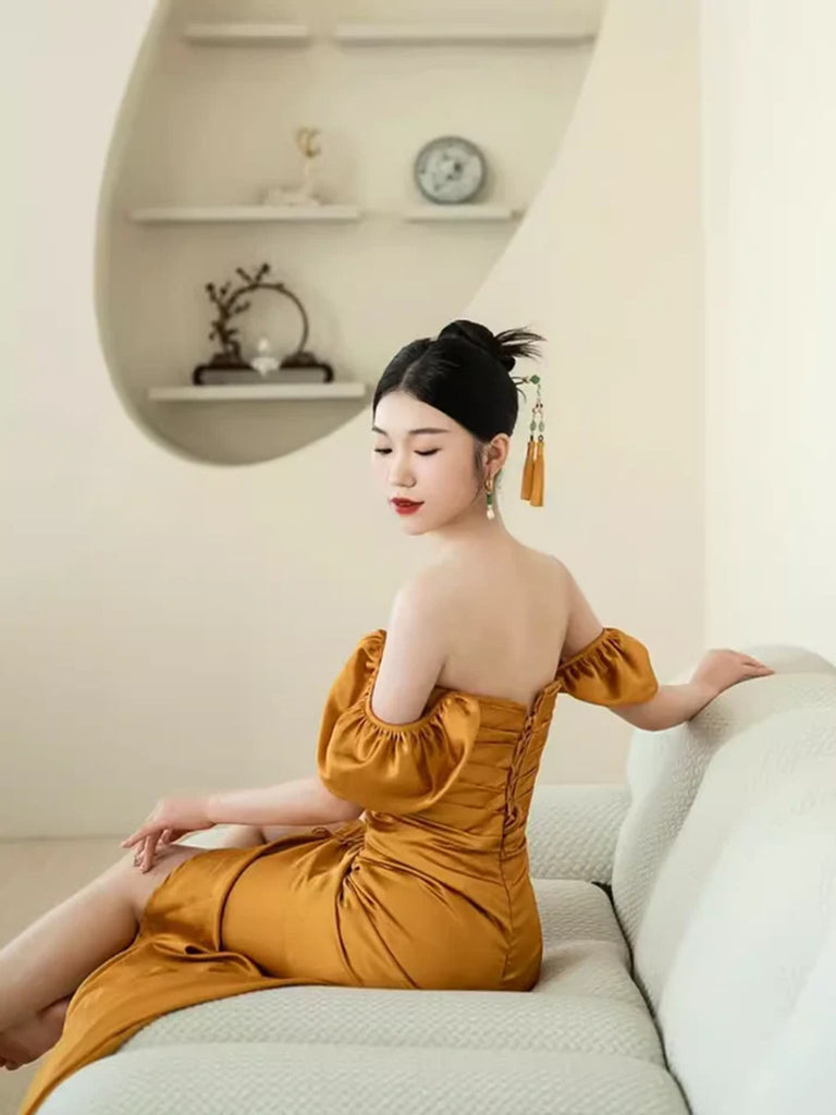 Gold Off Shoulder Satin High Low Evening Gown, Gold Prom Dress – Cutedressy