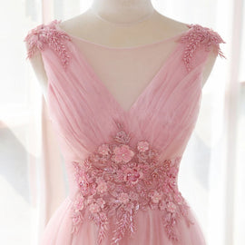 A-line Prom Dress V-neckline Lace Applique Party Dress, Pink Bridesmaid Dress