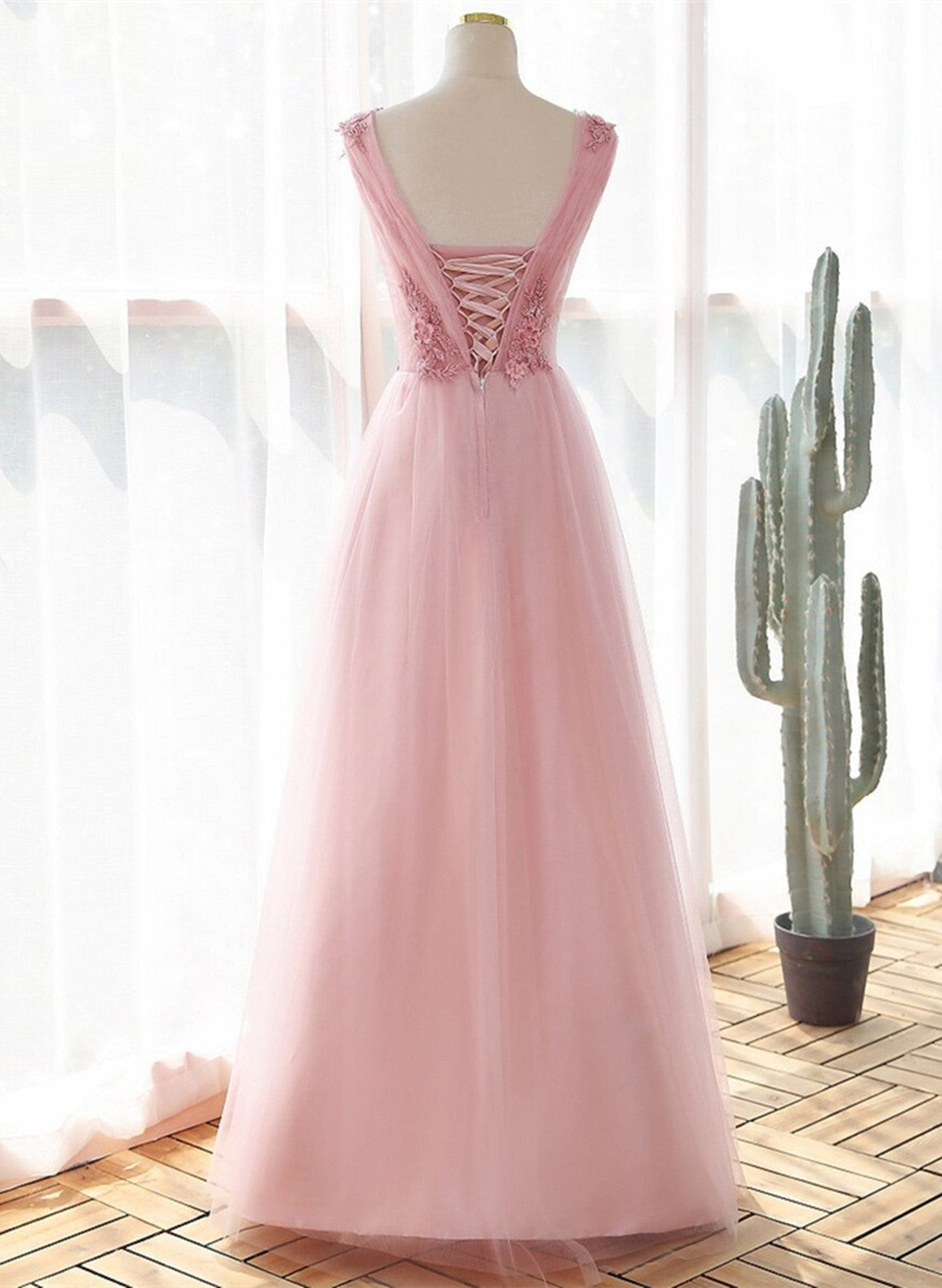 A-line Prom Dress V-neckline Lace Applique Party Dress, Pink Bridesmai Cutedressy A-line Prom Dress V-neckline Lace Applique Party Dress, Pink Bridesmai Cutedressy