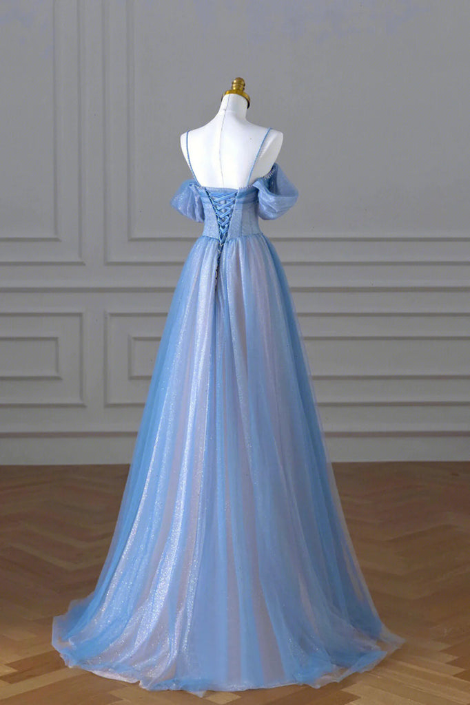 A-line Light Blue and Pink Long Evening Dress, Blue Party Dress Prom D