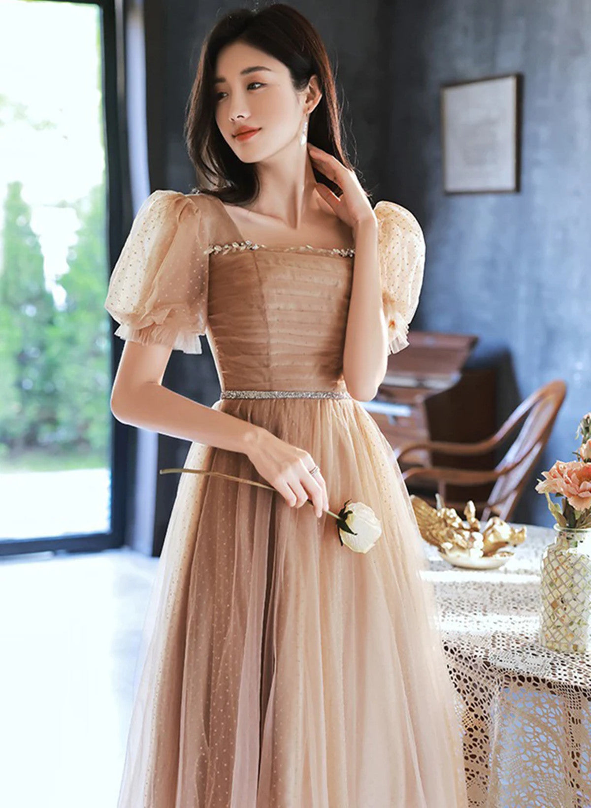 Lovely Champagne Short Sleeves Beaded Homecoming Dress, Short Prom Dre Cutedressy Lovely Champagne Short Sleeves Beaded Homecoming Dress, Short Prom Dre Cutedressy