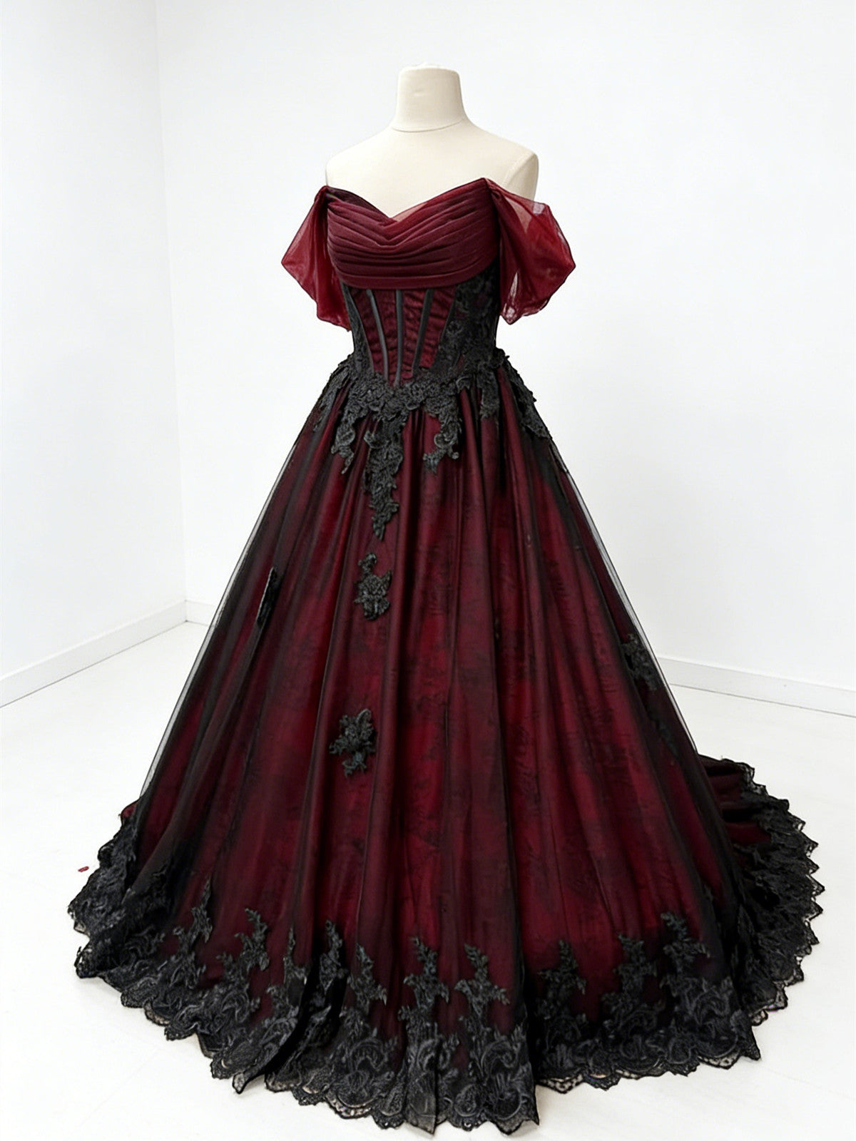 A-line Off Shoulder Black and Red Formal Dress with Lace, Elegant Long Prom Dress