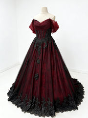 A-line Off Shoulder Black and Red Formal Dress with Lace, Elegant Long Prom Dress