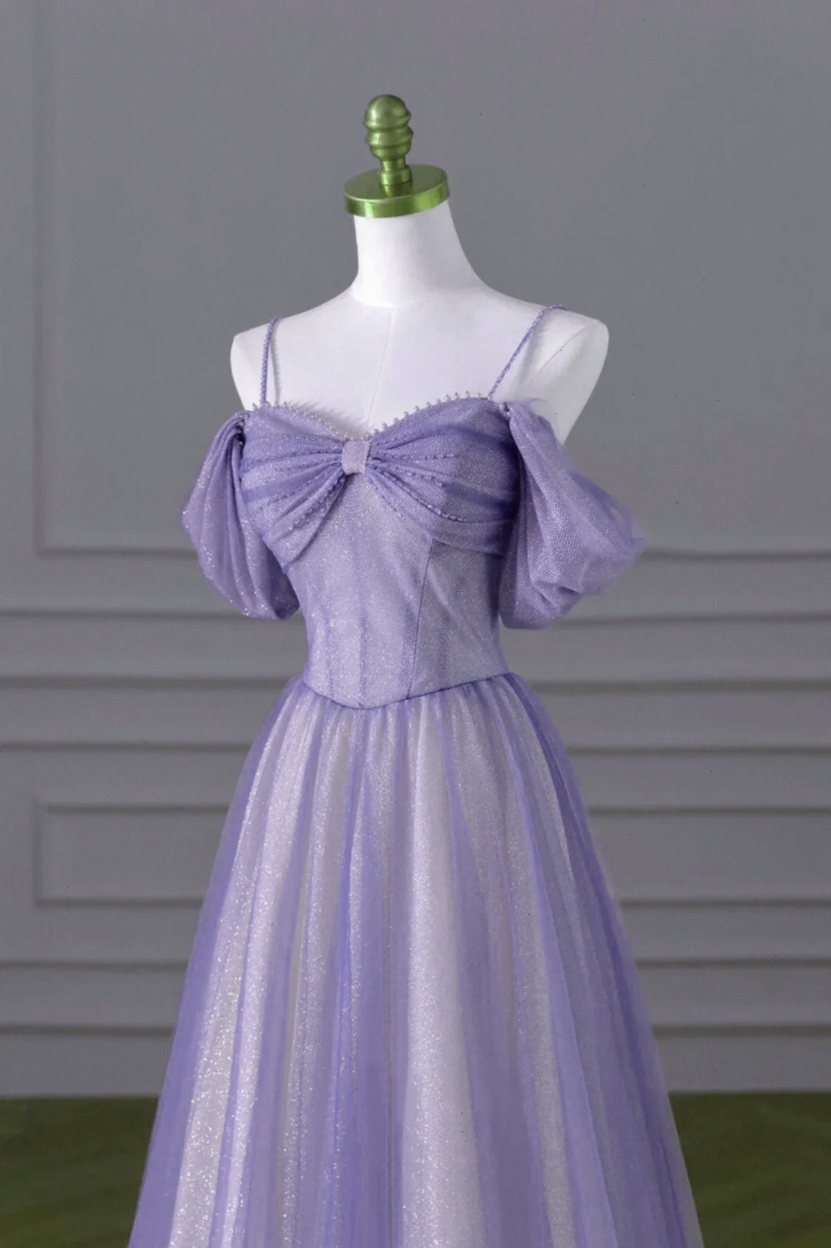 A-line Light Purple Tulle Beaded Long Party Dress, Light Purple Prom Dress