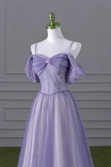 A-line Light Purple Tulle Beaded Long Party Dress, Light Purple Prom Dress