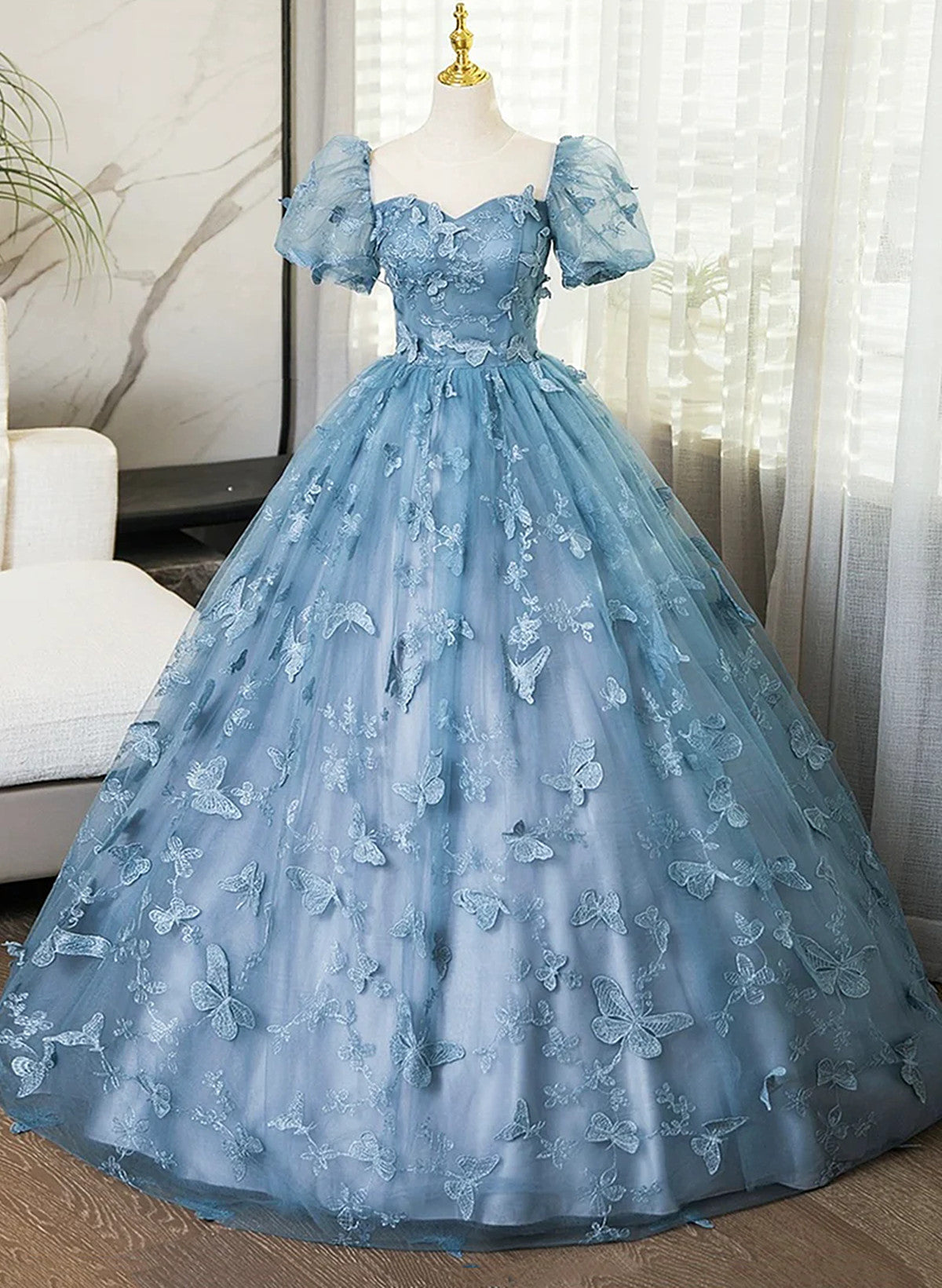Blue Short Sleeves Long Party Dress with Butterfly Lace, Blue Prom Dre – Cutedressy
