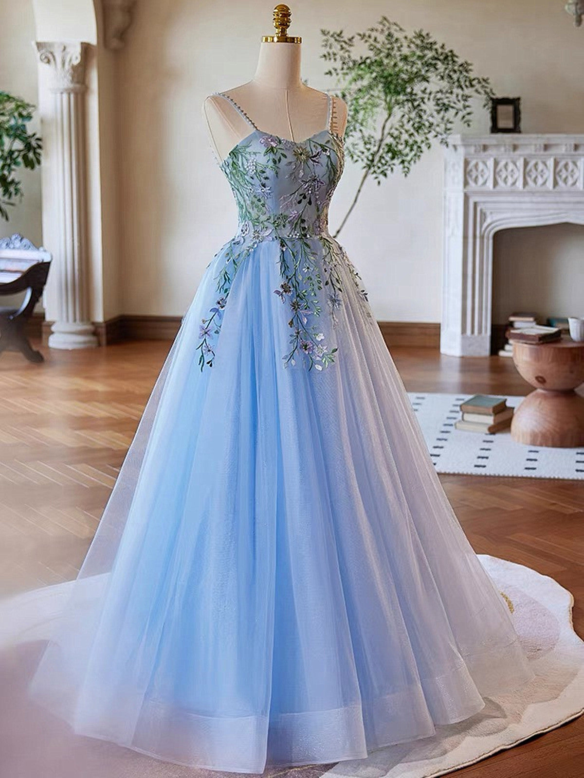Light Blue Tulle Straps with Lace Applique Prom Dress, Light Blue Part Cutedressy Light Blue Tulle Straps with Lace Applique Prom Dress, Light Blue Part Cutedressy
