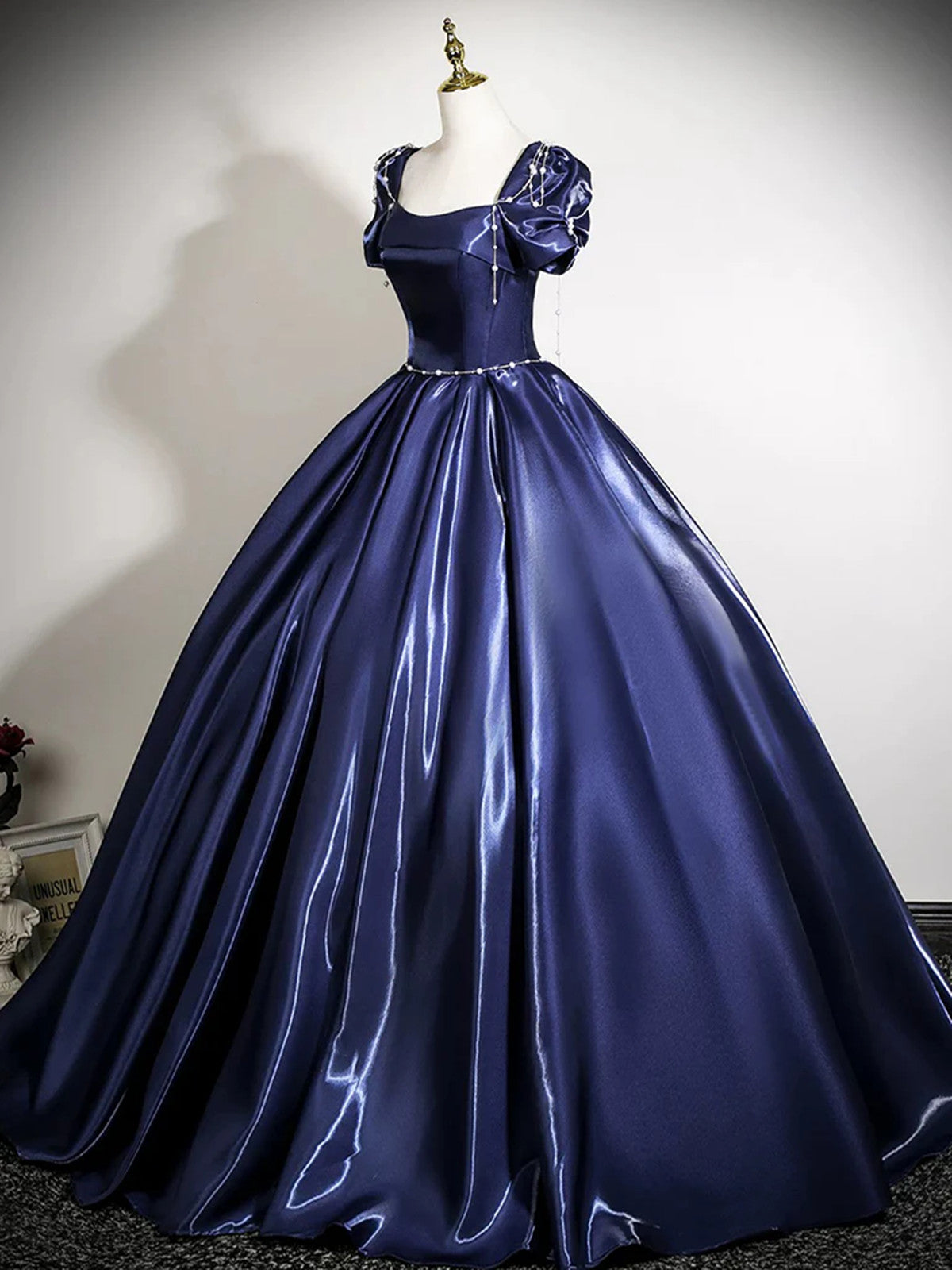 Blue Satin Beaded Long Prom Dress Evening Dress, Blue Satin A-line Party Dress