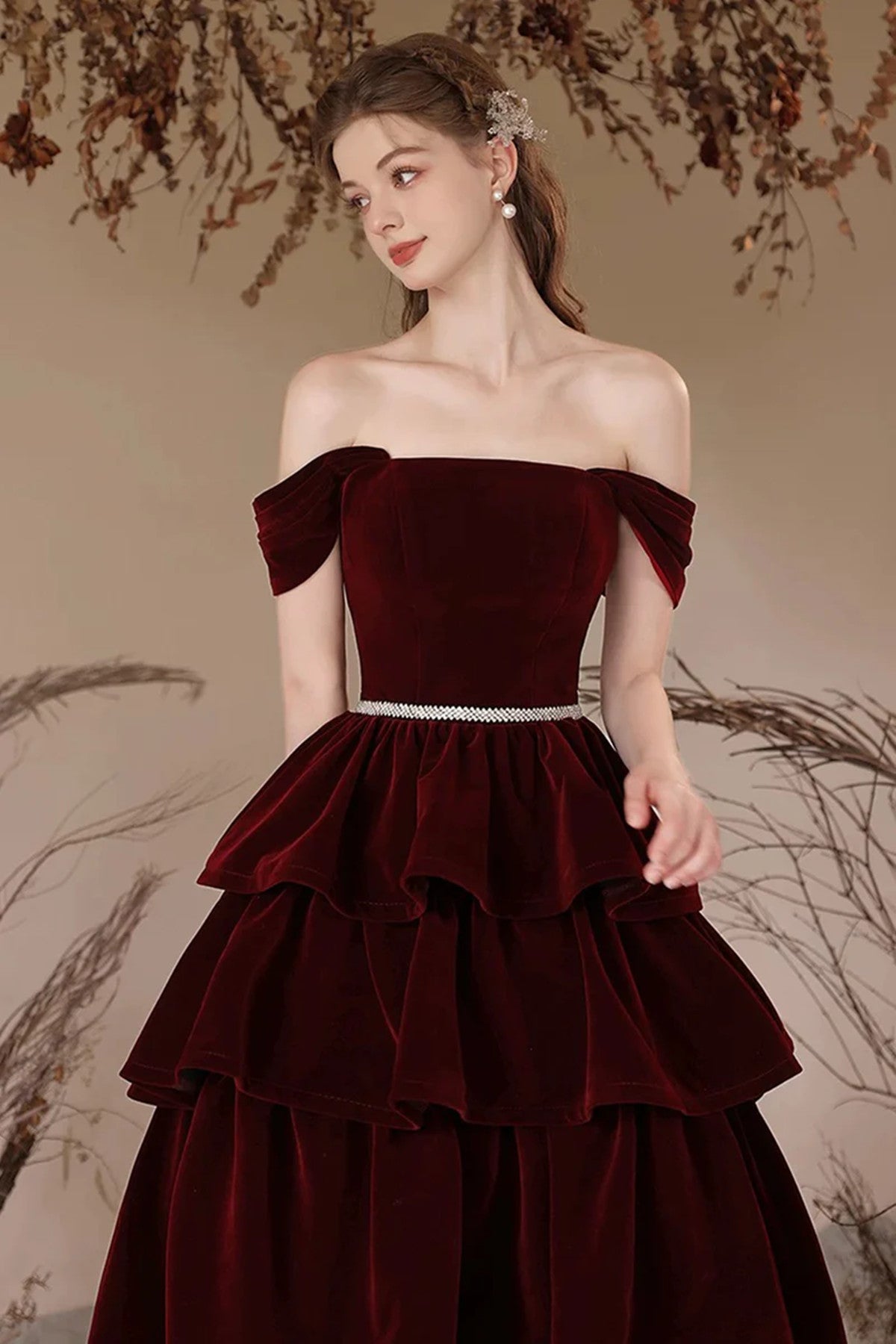 Wine Red Layers Velvet Off Shoulder Prom Dress, Wine Red Party Dress Cutedressy Wine Red Layers Velvet Off Shoulder Prom Dress, Wine Red Party Dress Cutedressy