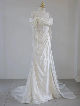 Ivory Satin and Lace Off Shoulder Long Sleeves Wedding Party Dress, Ivory Satin Formal Dress