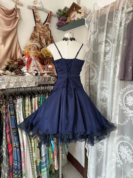 Cute Navy Blue Knee Length Straps Short Party Dress, Navy Blue Homecoming Dress