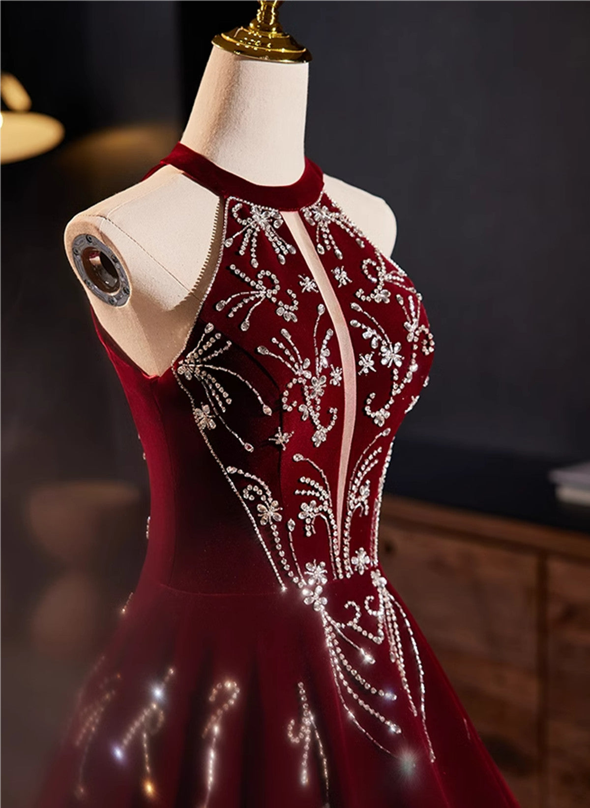 Glam Wine Red Beaded Velvet Halter Evening Dress, Wine Red Velvet Prom Cutedressy Glam Wine Red Beaded Velvet Halter Evening Dress, Wine Red Velvet Prom Cutedressy