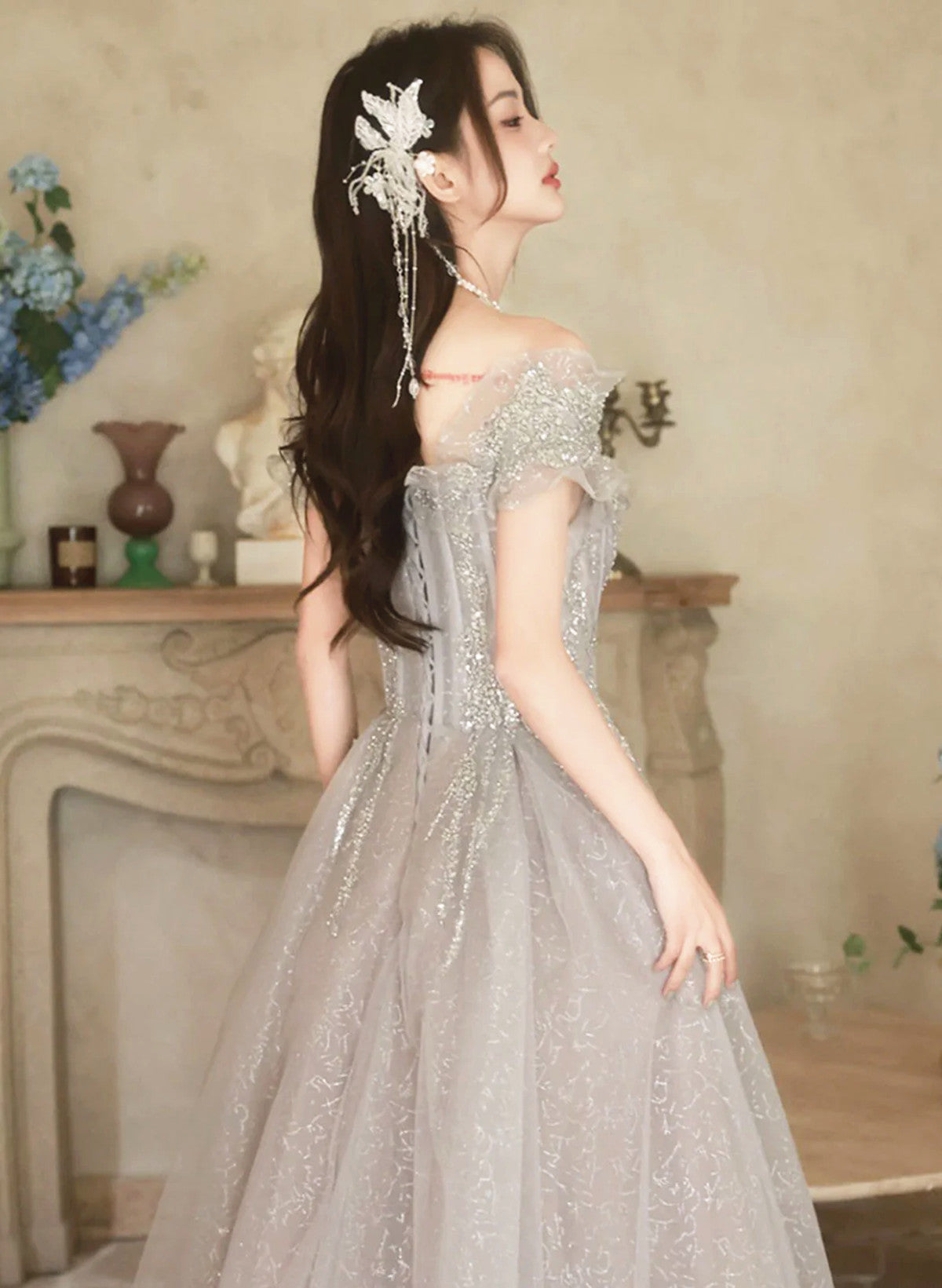 cute grey prom dresses Mermaid Deep V-Neck Sweep Train Grey Tulle Prom Dress US6 / Custom Color