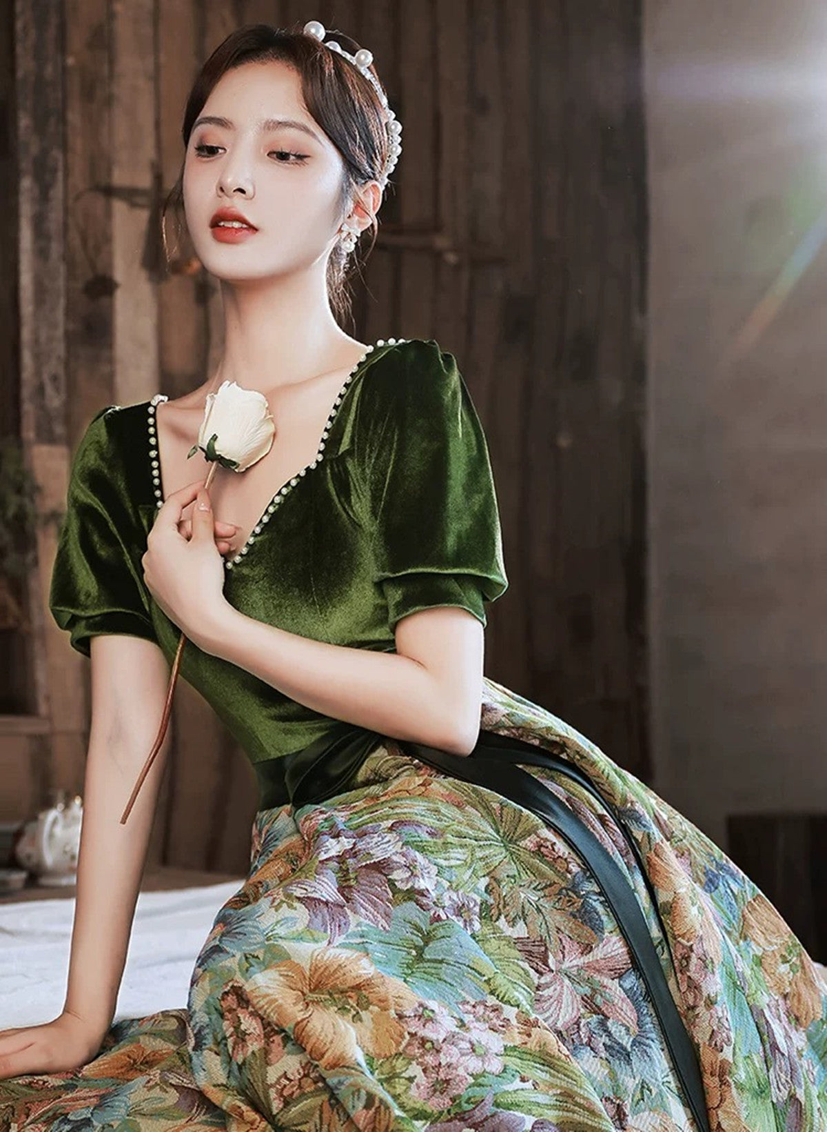 Green Velvet Floral Short Sleeves Long Prom Dress, Green Sweetheart Party Dress Green Velvet Floral Short Sleeves Long Prom Dress, Green Sweetheart Party Dress