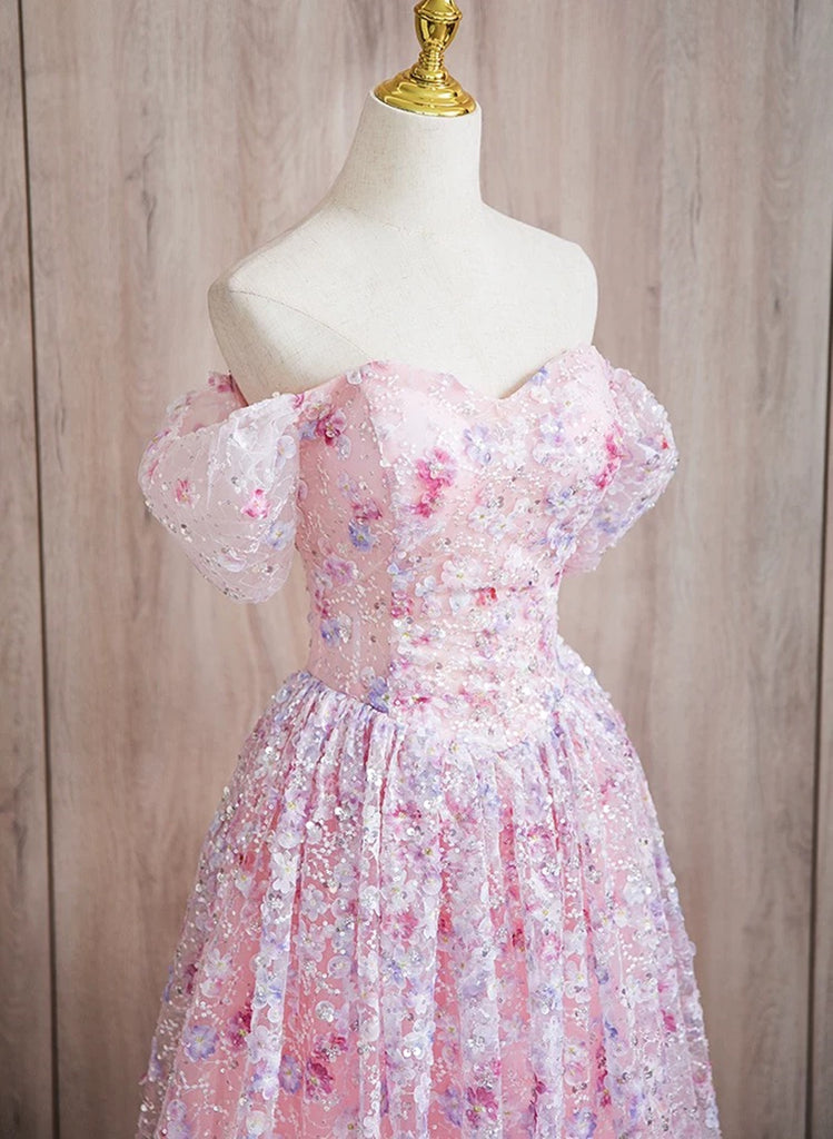 Charming Pink Off Shoulder Lace Applique Sweetheart Party Dress, Pink Formal Prom Dress main image 1