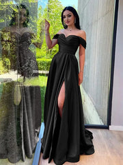 Simple A-line Satin Off Shoulder Party Dress, Sweetheart Satin Prom Dress