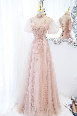 Pink Tulle and Lace High Neckline Long Party Dress, A-line Tulle Pink Prom Dress