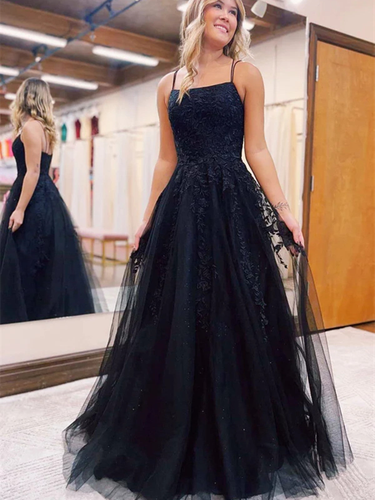 Black A-line Tulle with Lace Applique Prom Dress, Black Tulle Party Dr Cutedressy Black A-line Tulle with Lace Applique Prom Dress, Black Tulle Party Dr Cutedressy
