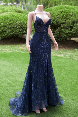 Navy Blue Mermaid Long Prom Dress with Leg Slit, Navy Blue Party Dress