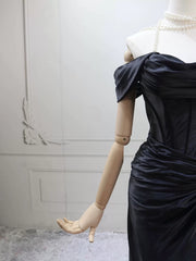 Black Mermaid Satin Off Shoulder Long Evening Dress, Black Satin Formal Dress Party Dress